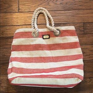 Cream and Red Spacious Tote Bag with Nautical Rope Handles